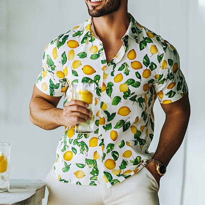 Men's Fruit Lemon Summer Hawaiian Shirt Button Up Shirt Aloha Shirt Short Sleeve Hawaiian Resort Vacation Holiday Beach Wear Summer Spring Turndown 3D Print Collared Shirts White2
