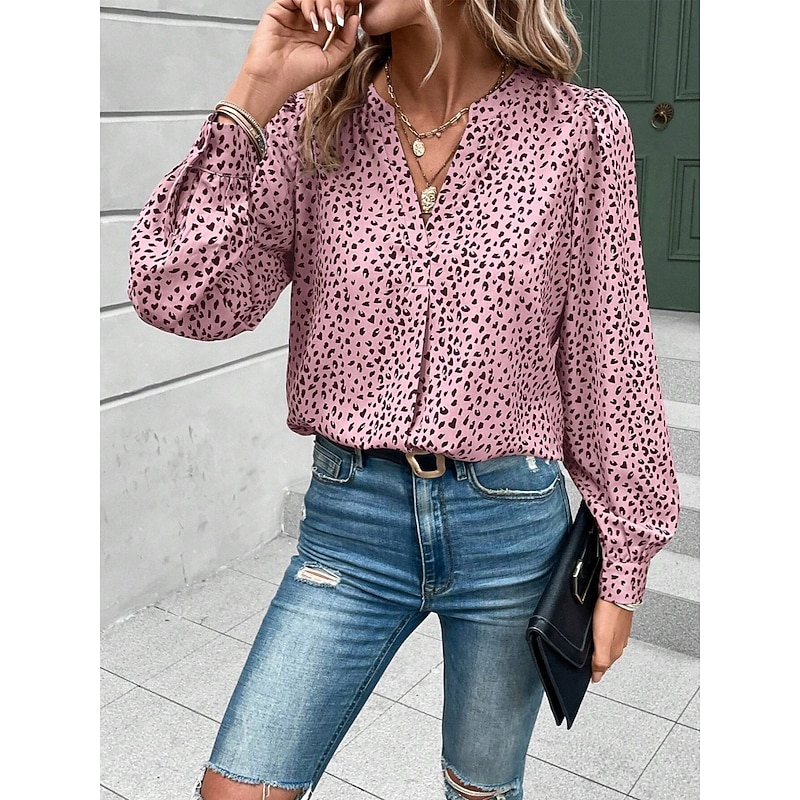 Women's Shirt Blouse Leopard Stylish Casual Long Sleeve Notched Neck Regular Tops Daily Print White Pink Summer Spring4