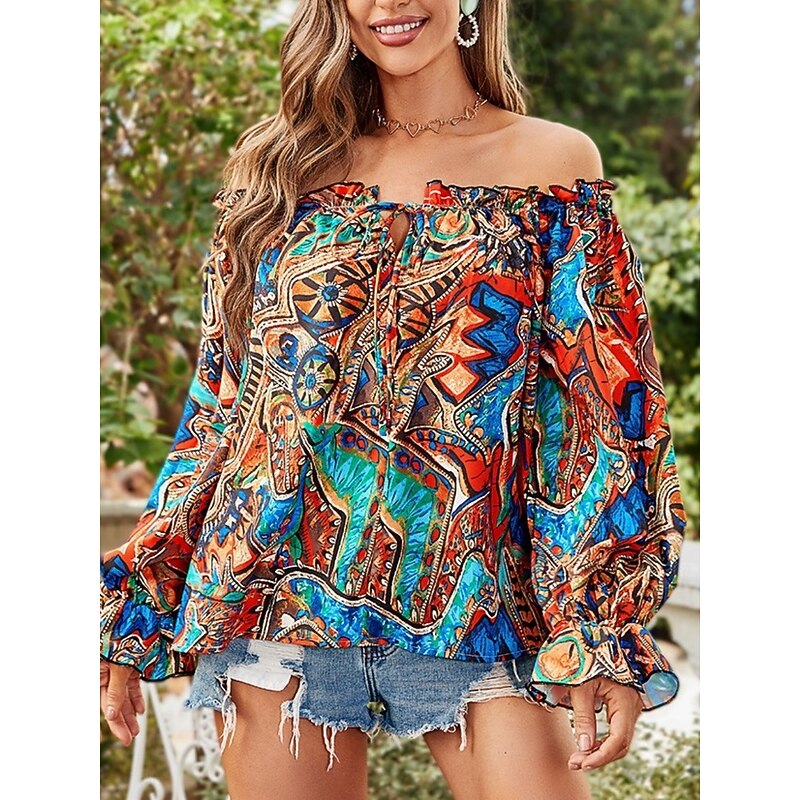 Women's Shirt Blouse Floral Stylish Casual Long Sleeve Off Shoulder Regular Tops Daily Backless Print Royal Blue Blue Fuchsia Green Summer Spring4