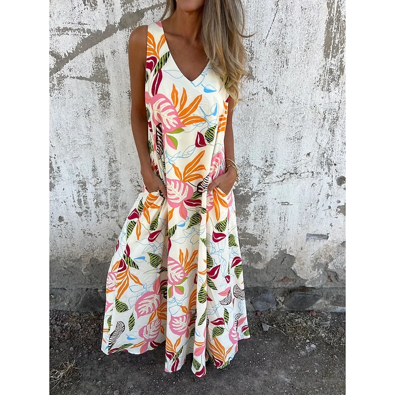 Women's Midi Dress Casual Dress A Line Dress Stylish Casual Vacation Daily Beach Regular Fit Floral Leaf Sleeveless V Neck Dark Blue Apricot Beige Summer