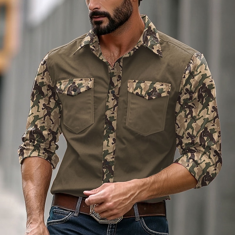 Men's Camouflage Western Shirt Cowboy Shirt Long Sleeve Western Sports Outdoor Spring Fall Turndown Button Up 2 Pockets Black Green