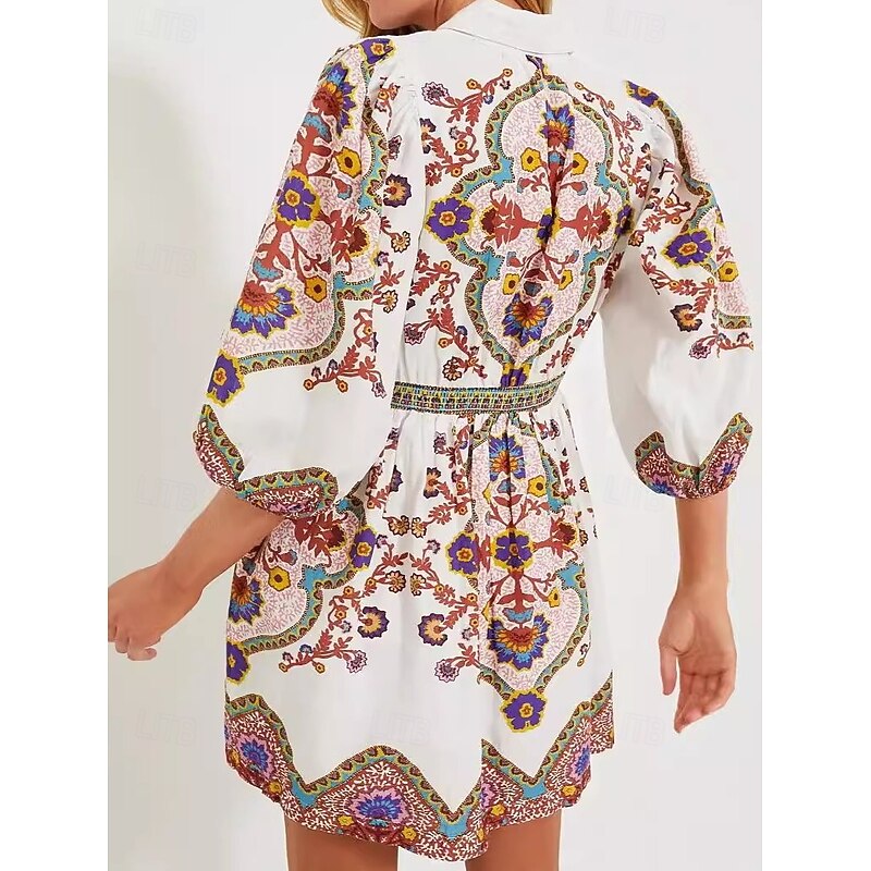 Women's Mini Dress Petite Dress Casual Dress A Line Dress Boho Dress Stylish Casual Vacation Party Daily Loose Fit Floral 3/4 Length Sleeve Shirt Collar White Summer Spring Fall2