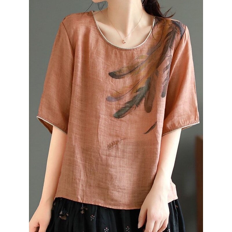 Women's Shirt Blouse Cotton Linen Shirts Feather Basic Casual Half Sleeve Crew Neck Regular Tops Daily Print White Pink Green Khaki Summer Spring