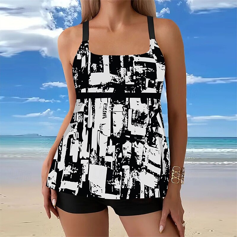 Women's Tankini Two Piece Swimsuit Swimwear Floral Swimwear Black Blue Breathable Quick Dry Lightweight Sleeveless - Swimming Surfing Beach Summer Spring Plus Size2