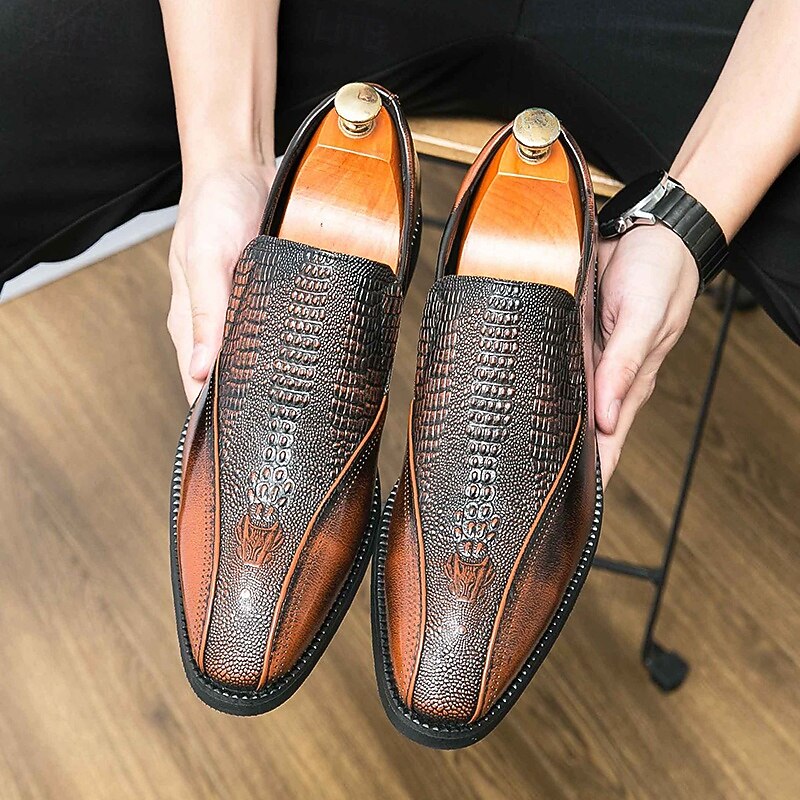 Men's Brown Faux Leather Slip-On Shoes with Crocodile Pattern – Stylish Loafers for Business and Formal Occasions2