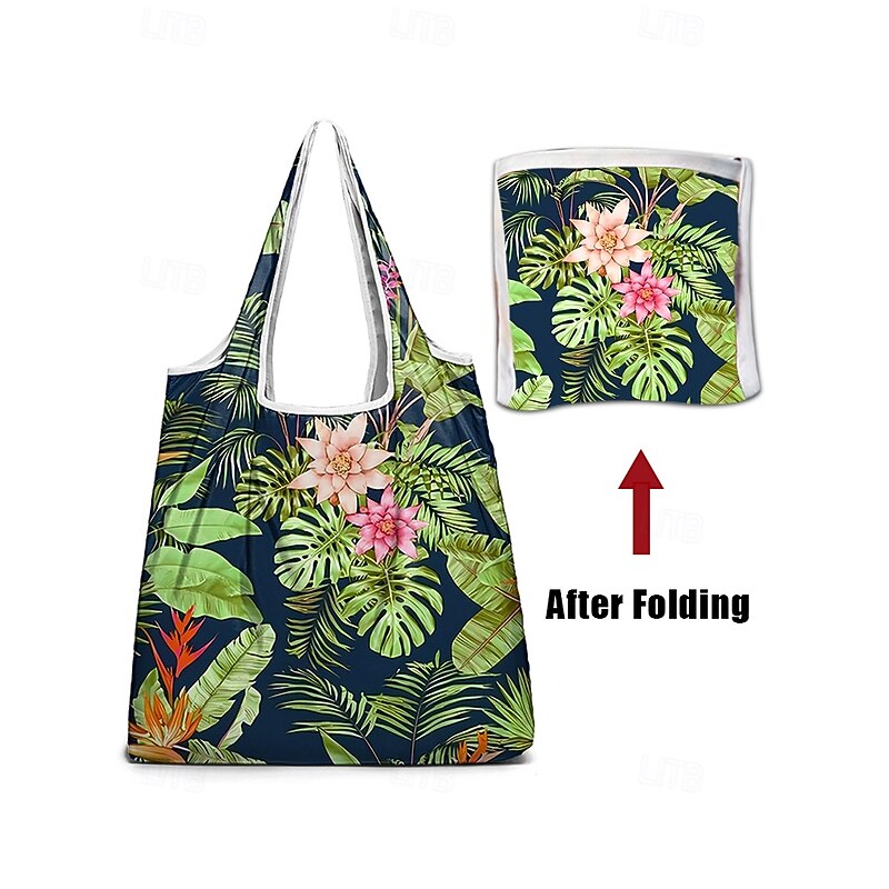 Reusable Foldable Shopping Bag with Tropical Print – Large Capacity Eco-Friendly Tote for Women, Lightweight and Durable for Groceries, Travel or Beach Use Blue Green4