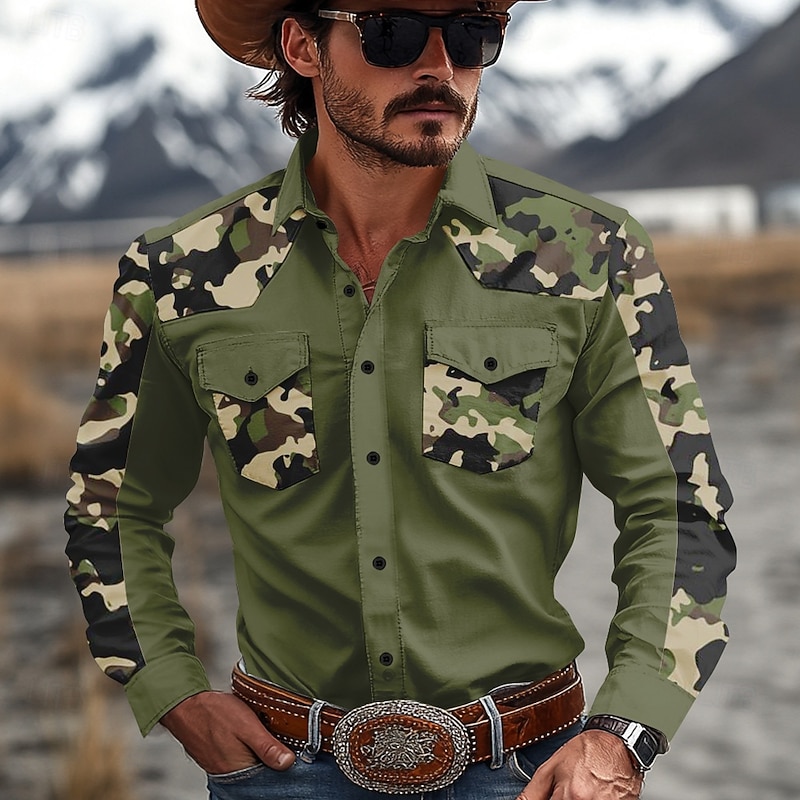 Men's Camouflage Western Shirt Long Sleeve Western Style Sports Outdoor Spring Fall Turndown Button Up 2 Pockets Brown Green Beige Gray