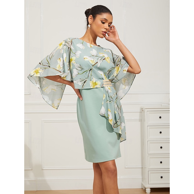 Women's Knee Length Dress Wedding Guest Dress Chiffon Dress Elegant Formal Wedding Guest Form Fit Floral Half Sleeve Crew Neck Light Green Summer Spring Fall3