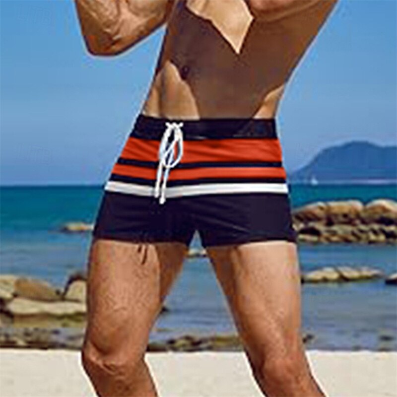 Men's Swim Trunks Swim Shorts Swimwear Bottoms Drawstring Swimming Surfing Beach Water Sports Stripes Patchwork Summer Spring4