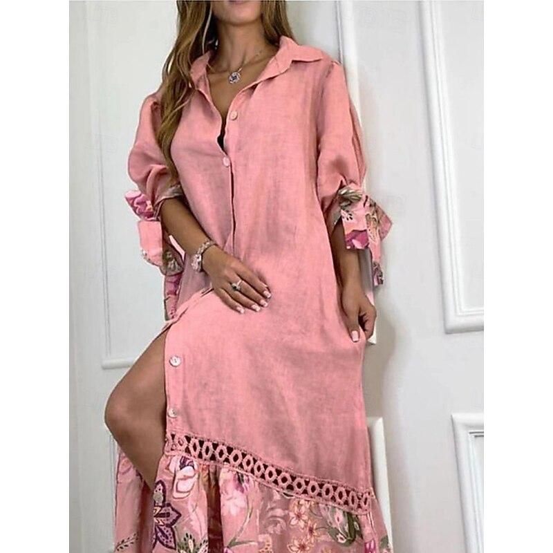 Women's Maxi Dress Cotton Linen Dresses Shirt Dress Casual Dress Casual Vacation Daily Regular Fit Floral 3/4 Length Sleeve Shirt Collar White Pink Sky Blue Purple Summer4