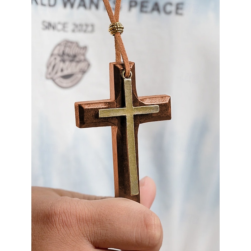 Wooden Cross Pendant Necklace for Men and Women – Vintage Religious Design with Leather Cord, Ideal for Everyday Wear and Spiritual Occasions4