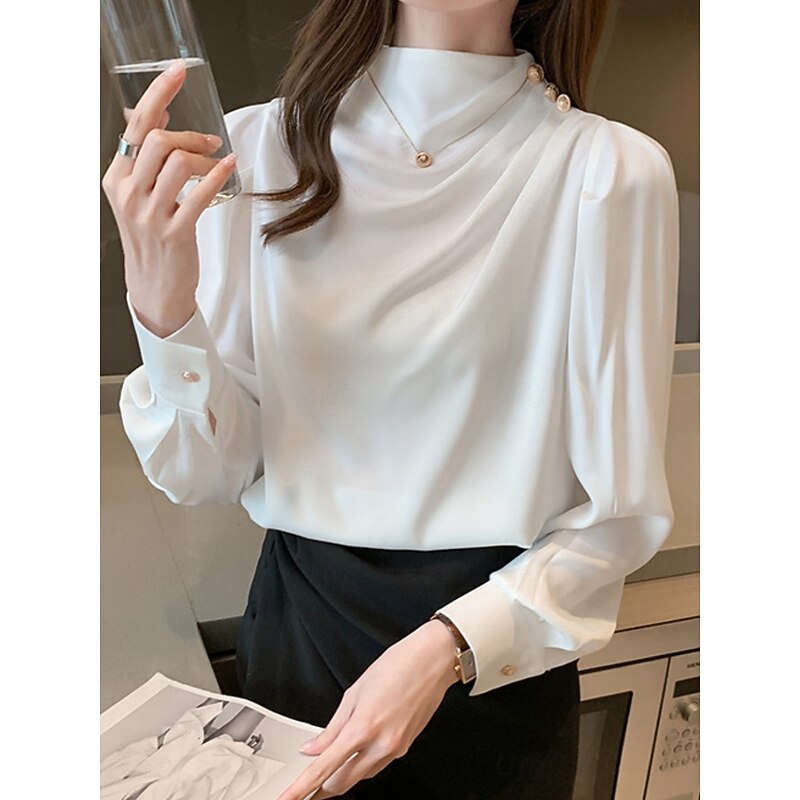 Women's Shirt Elegant Dressy Satin Solid Color Business Modern Casual Long Sleeve Turtleneck Regular Tops Work Formal Wear Buttons White Blue Summer Spring