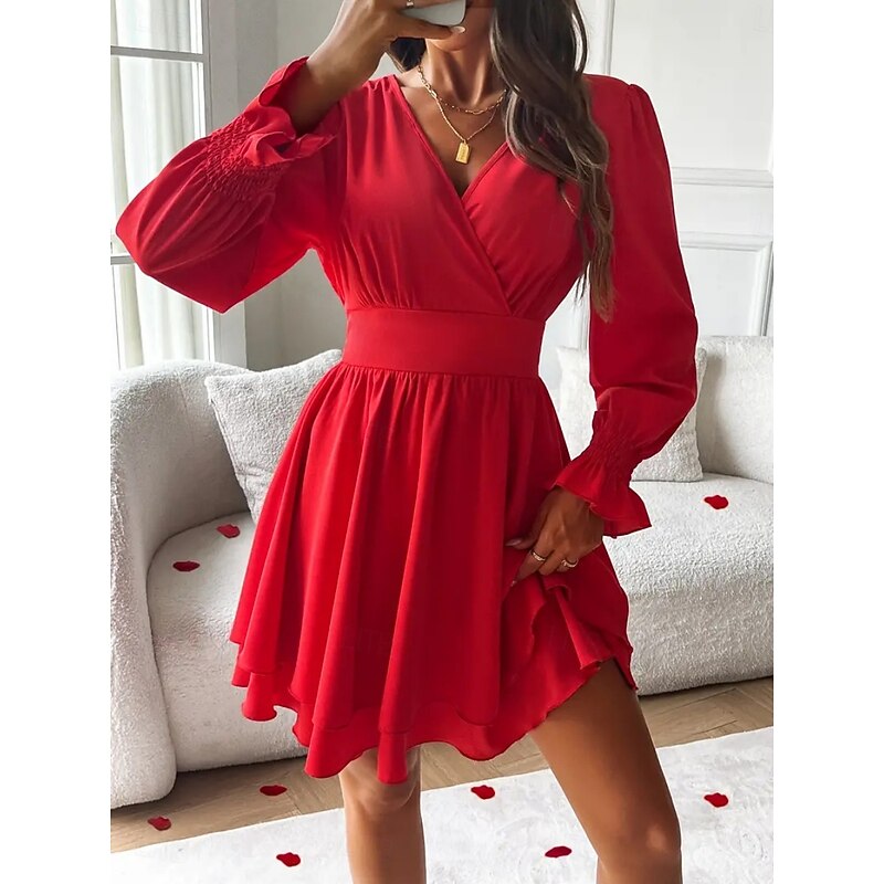 Women's Mini Dress Casual Dress A Line Dress Stylish Casual Vacation Daily Regular Fit Plain Long Sleeve V Neck Black Red Summer Spring3