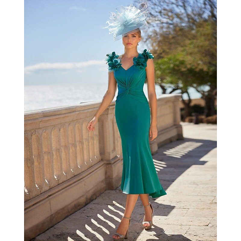 Mermaid / Trumpet Cocktail Dresses Elegant Dress Formal Wedding Asymmetrical Sleeveless V Neck Pocket Stretch Crepe with Appliques Dresses