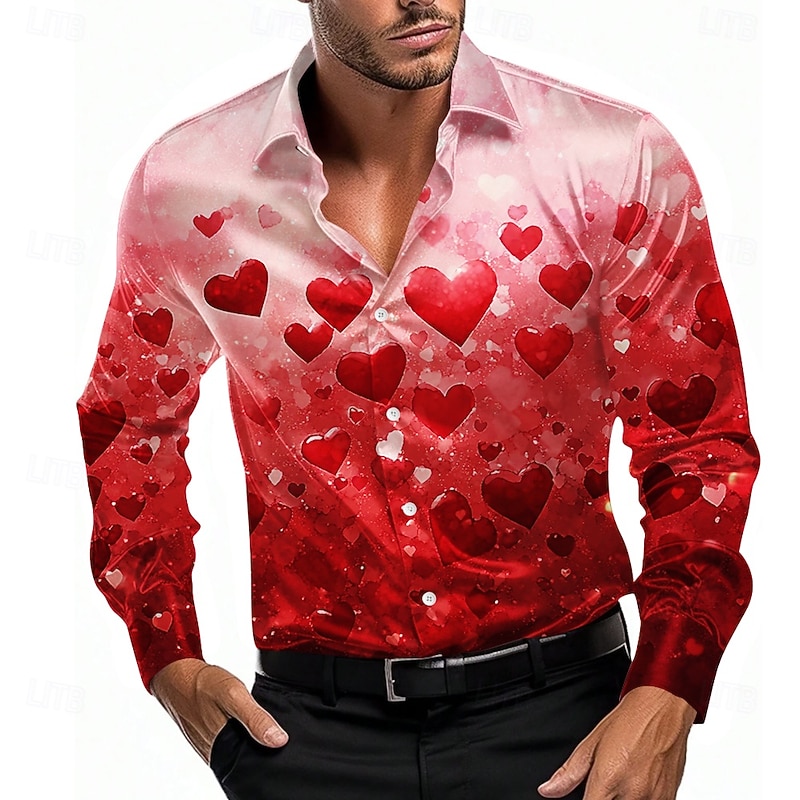 Men's Heart LOVE Gradient Color Satin Shirt Button Up Shirt Long Sleeve Fashion Casual Party Gift Holiday Spring Fall Turndown 3D Print Red Blue Purple