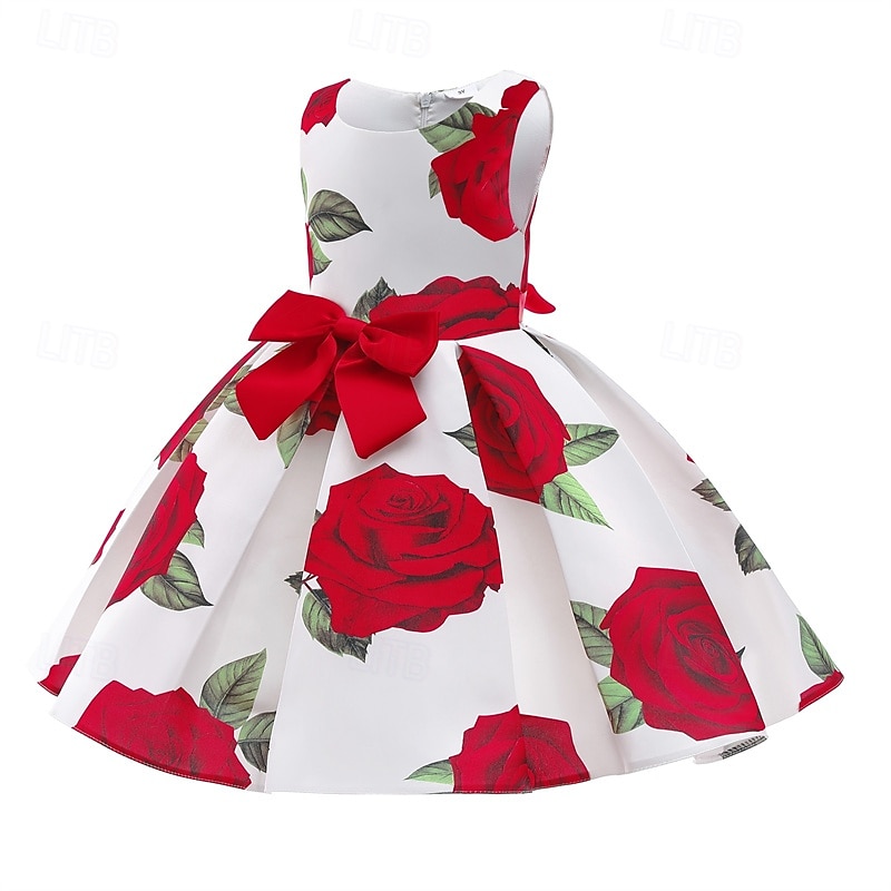 Kids Girls' Party Dress Floral Sleeveless Performance Birthday Tie Knot Beautiful Sweet Polyester Knee-length Party Dress Swing Dress A Line Dress Summer 4 years+ Black White3