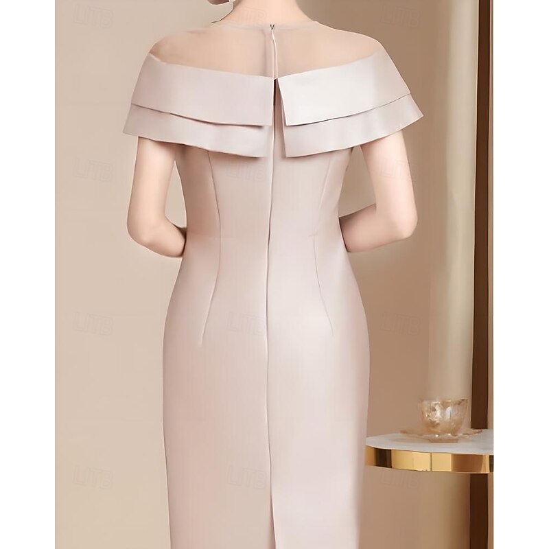 Mother of the Bride Dress Tea Length Elegant Vintage Simple Crew Neck Satin Tulle Short Sleeve with Pleats Cascading Ruffles Diamond Solid Color Race Day Dress4