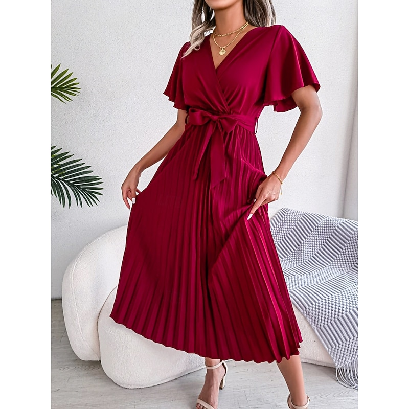 Women's Midi Dress Casual Dress A Line Dress Stylish Basic Casual Vacation Daily Regular Fit Plain Short Sleeve V Neck Red Green Summer Spring3