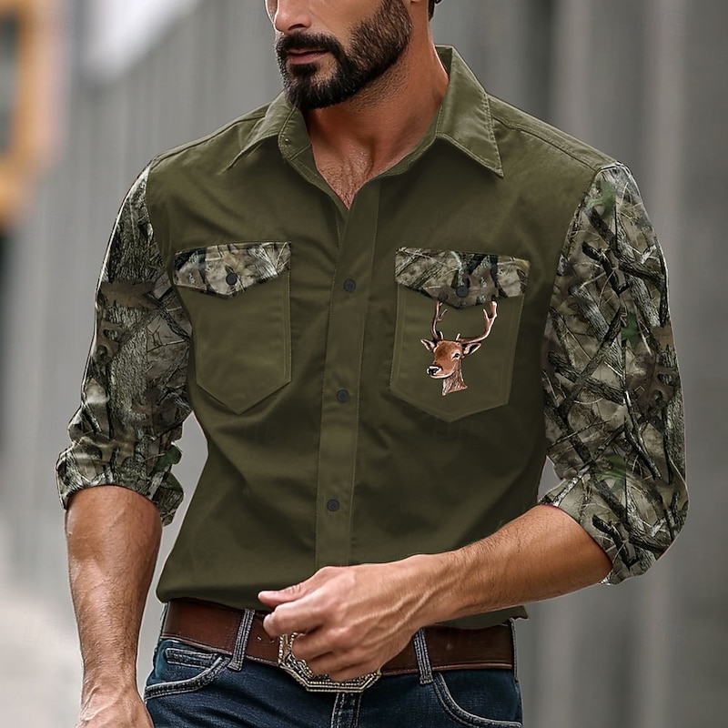 Men's Camouflage Western Shirt Cowboy Shirt Long Sleeve Western Sports Outdoor Spring Fall Turndown Button Up 2 Pockets Black Brown Green