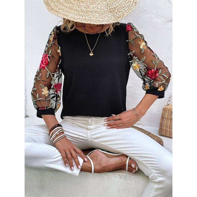 Women's Shirt Blouse Floral Stylish Casual 3/4 Length Sleeve Crew Neck Regular Tops Daily Mesh Embroidered Print Black Navy Blue Summer Spring3