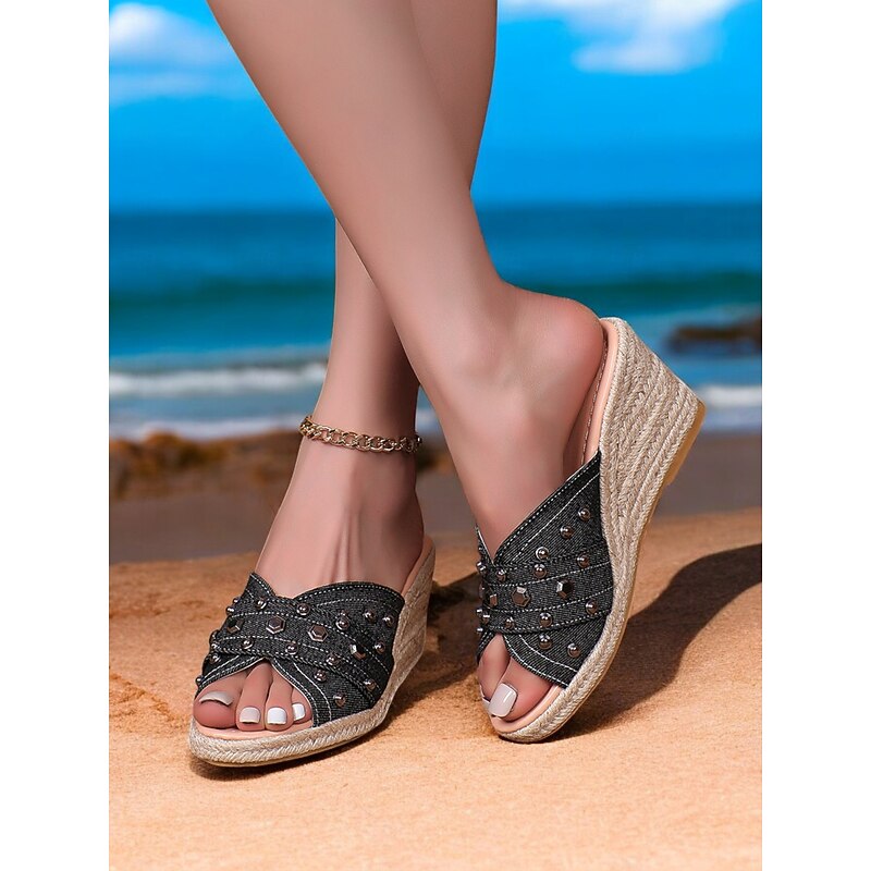 Women's Wedge Sandals with Studded Denim Design and Open-Toe – Comfortable Casual Footwear for Summer, Beach and Vacation