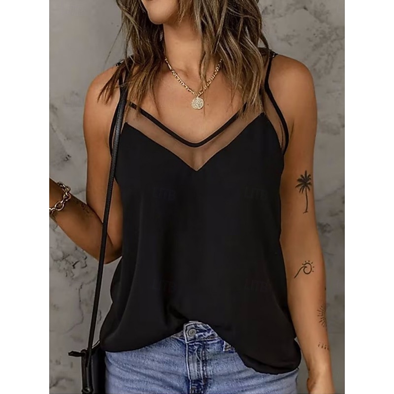 Women's Camisole Tank Top Solid Color Stylish Casual Sleeveless Strap Regular Tops Daily Mesh Patchwork Black White Summer3