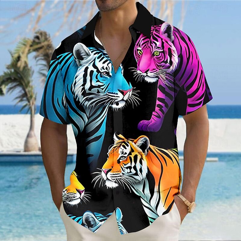 Men's Animal Tiger Shirt Button Up Shirt Short Sleeve Fashion Casual Vacation Streetwear Beach Wear Summer Fall Turndown 3D Print Collared Shirts Front One Pocket Black Yellow Pink Blue