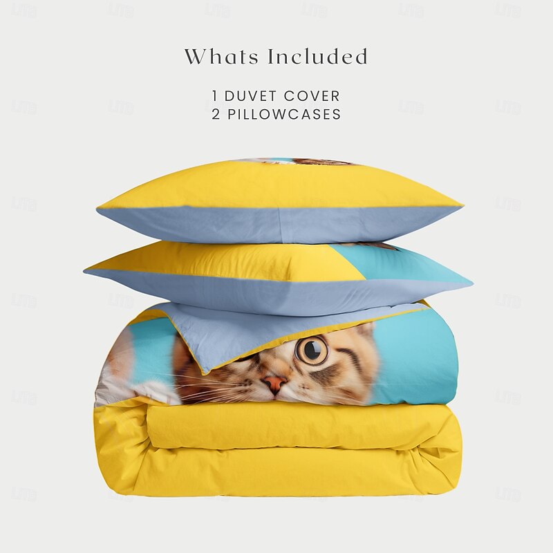 100% Cotton Duvet Cover Set Macaron Color Cat Pattern Comforter Set Soft Luxury Bedding Set Home Decor Dusk Bedding Gift King Queen Full Size3