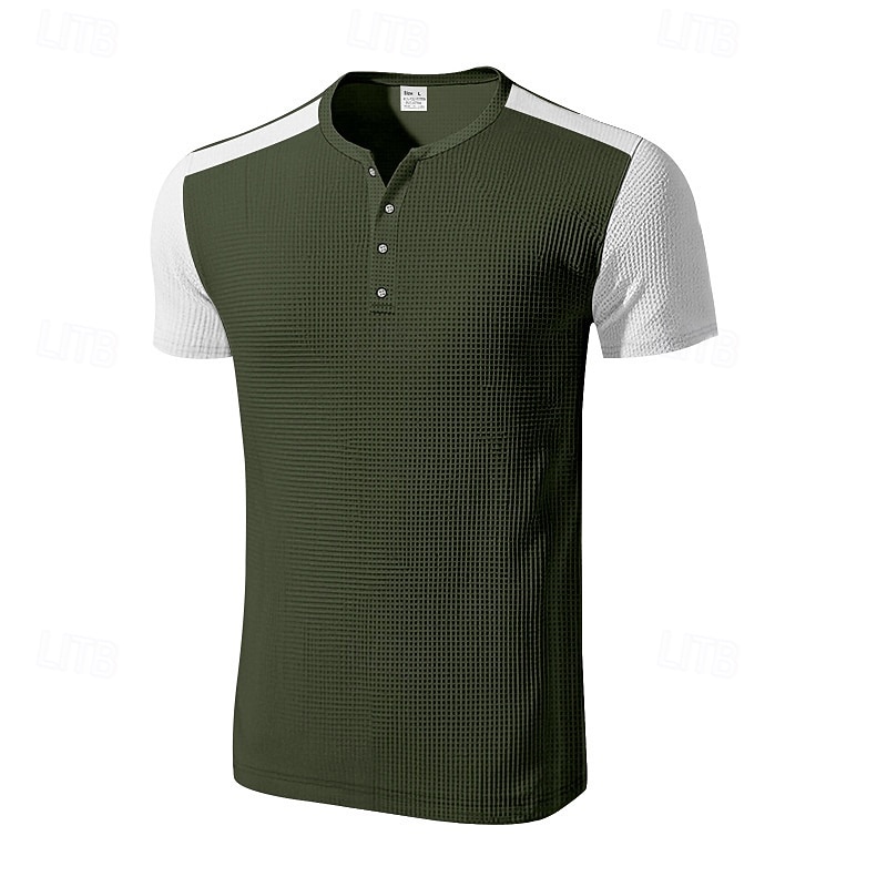 Men's Waffle T-shirt Waffle Henley Shirt Color Block Tee Short Sleeve Henley Summer Spring Color Block Vintage Style Color Block Casual Black White Gray Top Tee for Men3