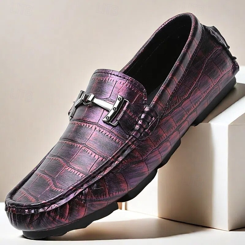 Men's Purple Crocodile Pattern Faux Leather Loafers - Slip-On Shoes with Metal Buckle Detail, Luxury Style for Formal Events and Casual Wear