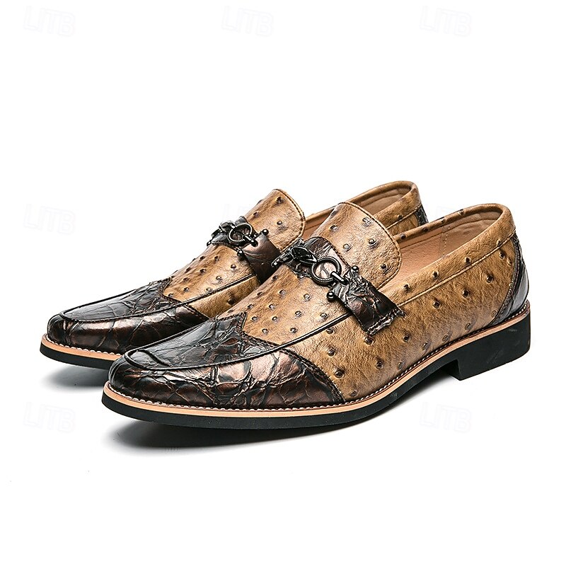 Men's Brown Faux Suede Loafers with Ostrich Pattern – Stylish Slip-On Shoes for Formal and Casual Occasions4