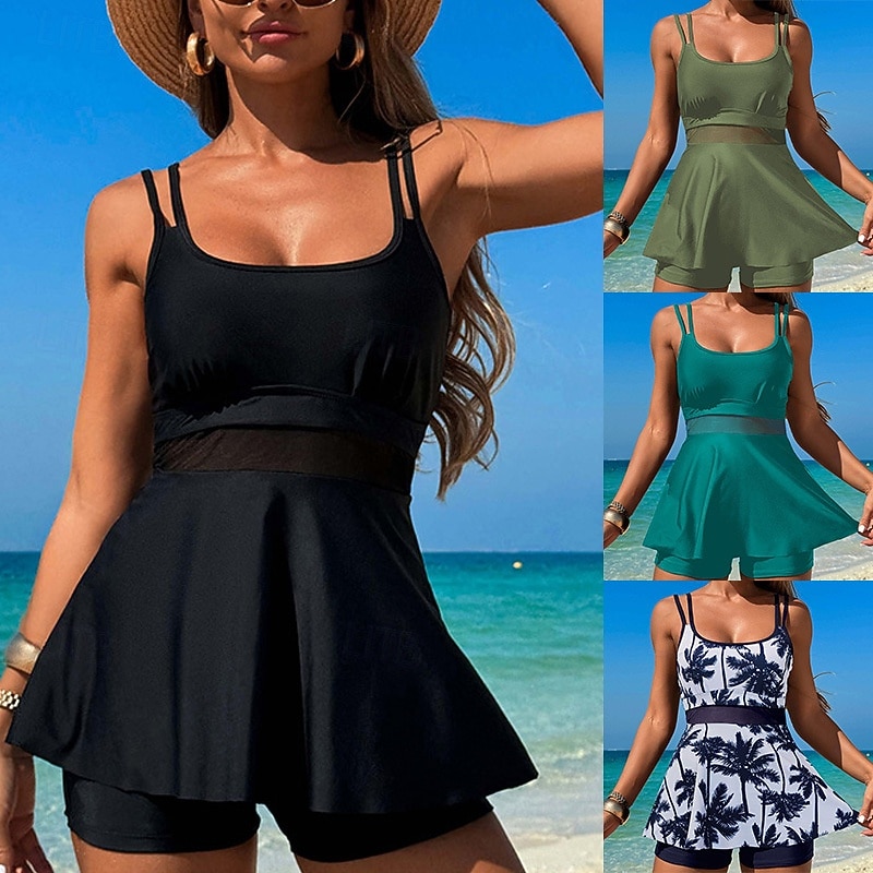 Women's Tankini Two Piece Swimsuit Racerback Swimwear Solid Colored Swimwear Black White Breathable Quick Dry Lightweight Sleeveless - Swimming Surfing Beach Summer Spring