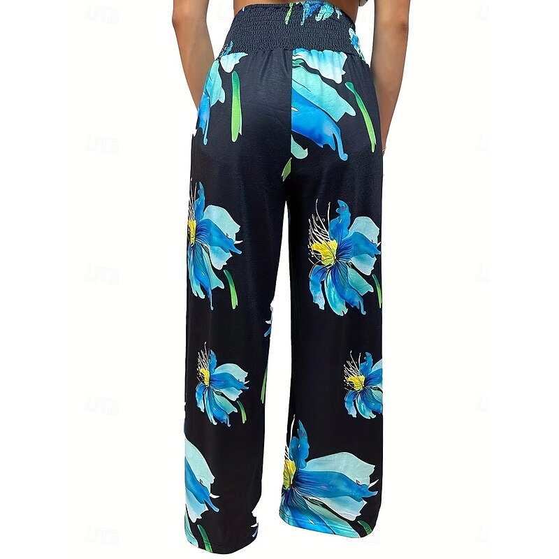 Women's Culottes Wide Leg Fashion Streetwear Full Length High Waist Floral Pocket Elastic Waistband Comfy Soft Comfortable Micro-elastic Street Going out Robin's Egg Blue Black Sage Gray Summer Spring3