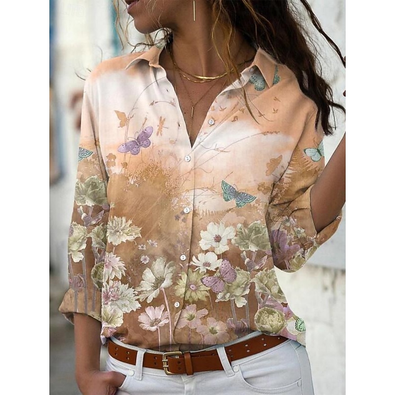 Women's Shirt Blouse Floral Stylish Casual Long Sleeve Shirt Collar Regular Tops Daily Buttons Print Pink Blue Purple Orange Summer Spring4