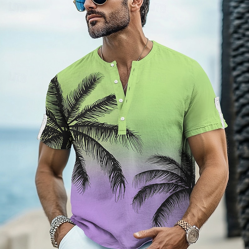 Men's Coconut Tree Beach Shirt Aloha Shirt Short Sleeve Hawaiian Vacation Summer Spring V Neck Buttons Pink Blue Green3