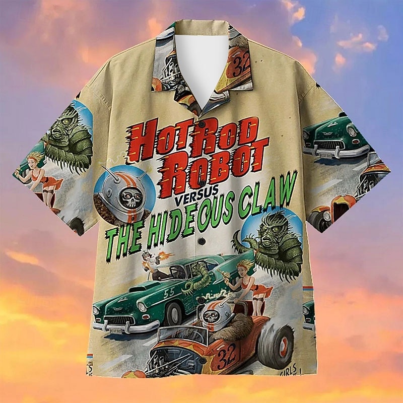 Men's Car Vintage Shirt Summer Hawaiian Shirt Aloha Shirt Short Sleeve Shirt Turndown Tropical Fashion Hawaiian Casual Hawaiian Holiday Black Yellow Red S M L3