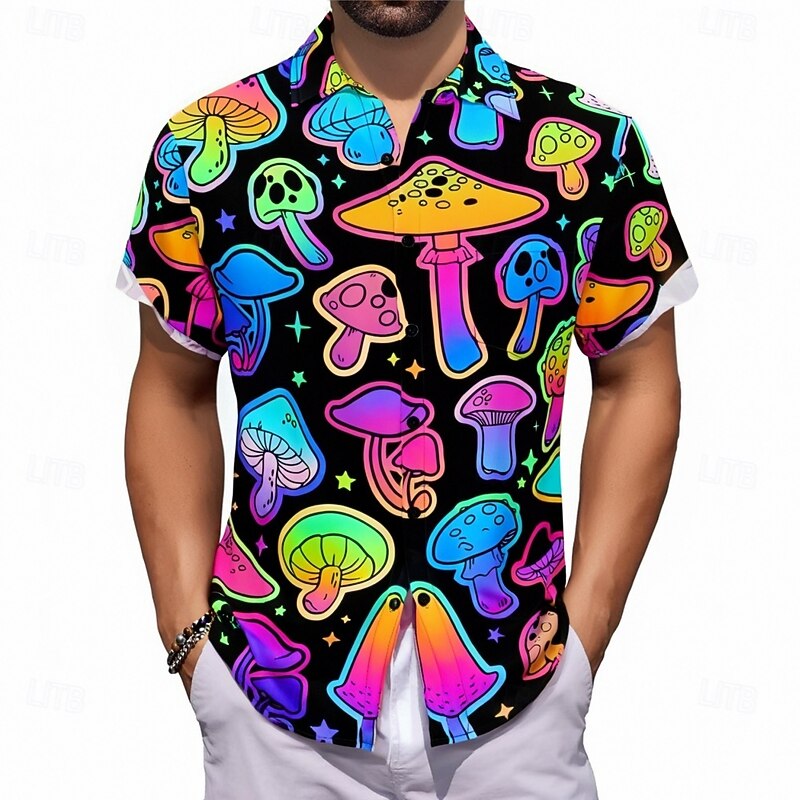 Men's Mushroom Shirt Button Up Shirt Short Sleeve Artistic Hippie Casual Summer Spring Turndown Button Up Pocket Purple
