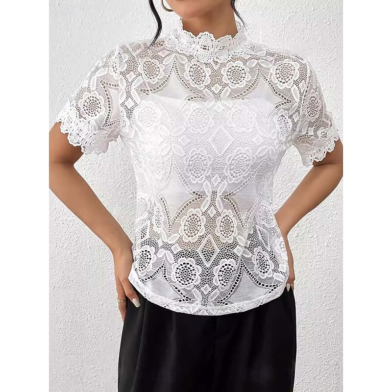 Women's Boho Shirt Lace Splicing Top Hawaiian Short Sleeve Asymmetrical Regular Tops Lace White Summer Spring4