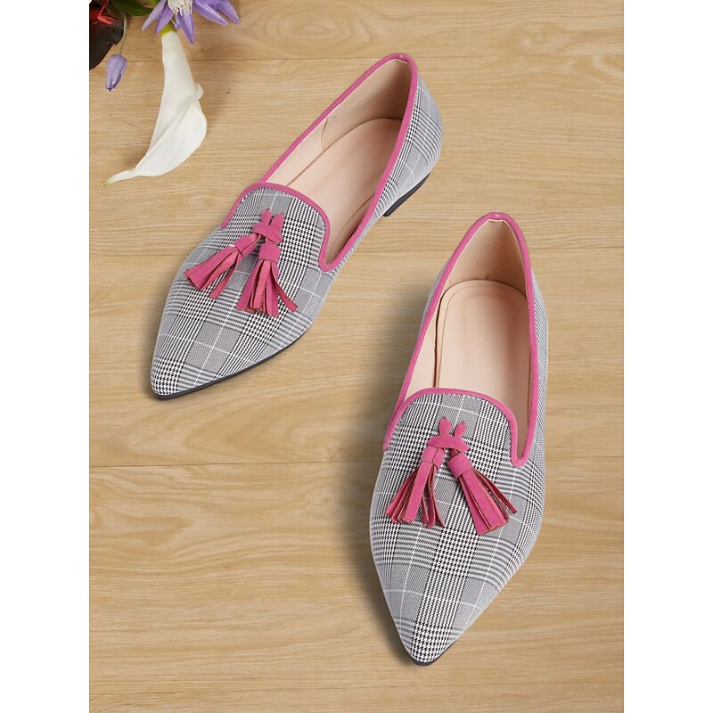 Women's Pink / Grey Plaid Tassel Loafers – Chic Vintage-Style Flats for Work and Casual Wear