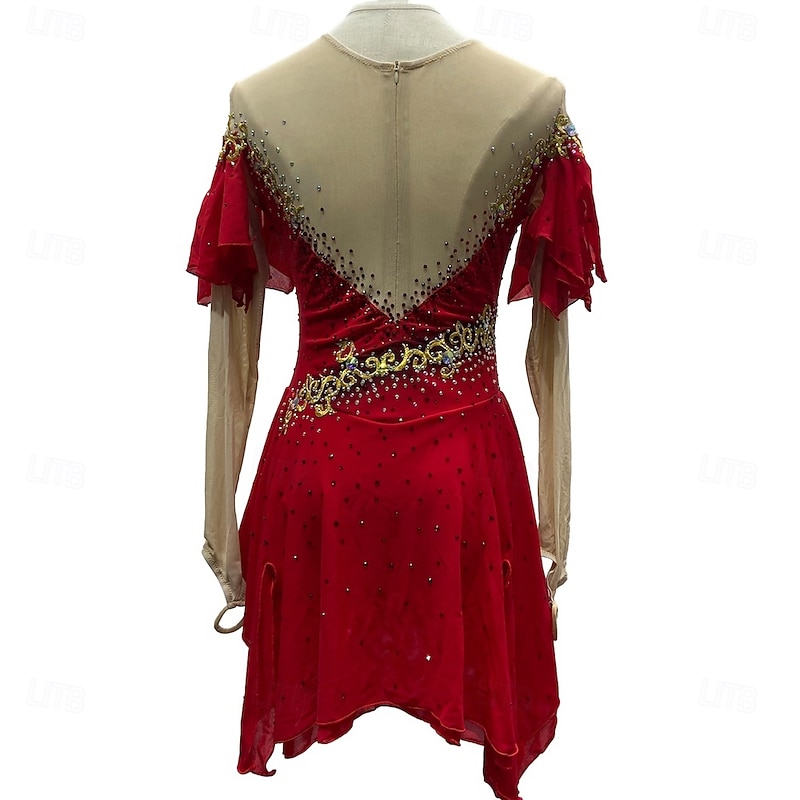 Figure Skating Dress Women's Girls' Ice Skating Dress Red Patchwork Thumbhole Mesh Spandex Stretchy Training Practice Professional Skating Wear Crystal / Rhinestone Long Sleeve Figure Skating3