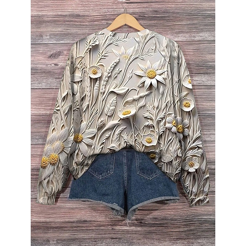 Women's Pullover Sweatshirt Floral Casual Long Sleeve Crew Neck Regular Tops Street Dailywear Print Beige Fall Winter3