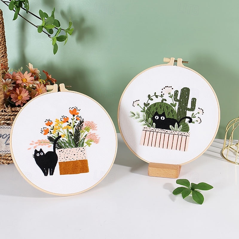 Cute Cat Embroidery Kit for Adults Beginners, Stamped Cross Stitch Starter Kits Include Embroidery Needlepoint Cloth Hoops Needles Threads and Instruction3