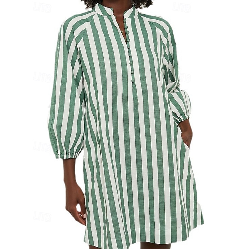 Women's Mini Dress Shirt Dress Casual Dress Summer Dress Stylish Casual Vacation Daily Date Regular Fit Stripe 3/4 Length Sleeve V Neck Pink Green Summer Spring