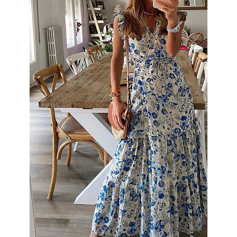 Women's Midi Dress Casual Dress Elegant Bohemia Stylish Vacation Daily Regular Fit Floral Sleeveless V Neck Blue Summer
