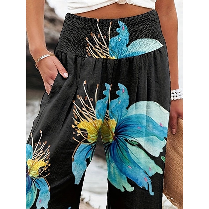 Women's Culottes Wide Leg Fashion Streetwear Full Length High Waist Floral Pocket Elastic Waistband Comfy Soft Comfortable Micro-elastic Street Going out Robin's Egg Blue Black Sage Gray Summer Spring4