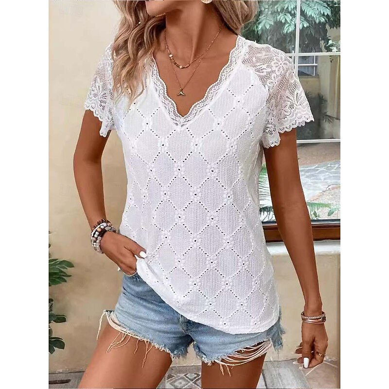 Women's Lace Splicing Top Hawaiian Short Sleeve V Neck Regular Tops Lace White Summer Spring4