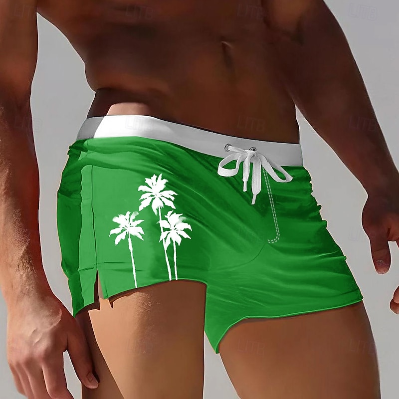 Men's Coconut Tree Tropical Plants Swim Trunks Swim Shorts Board Shorts Mid Waist 3D Print Hawaiian Surfing Holiday Beach Drawstring with Mesh lining Elastic Waist Designer Clothing Apparel3
