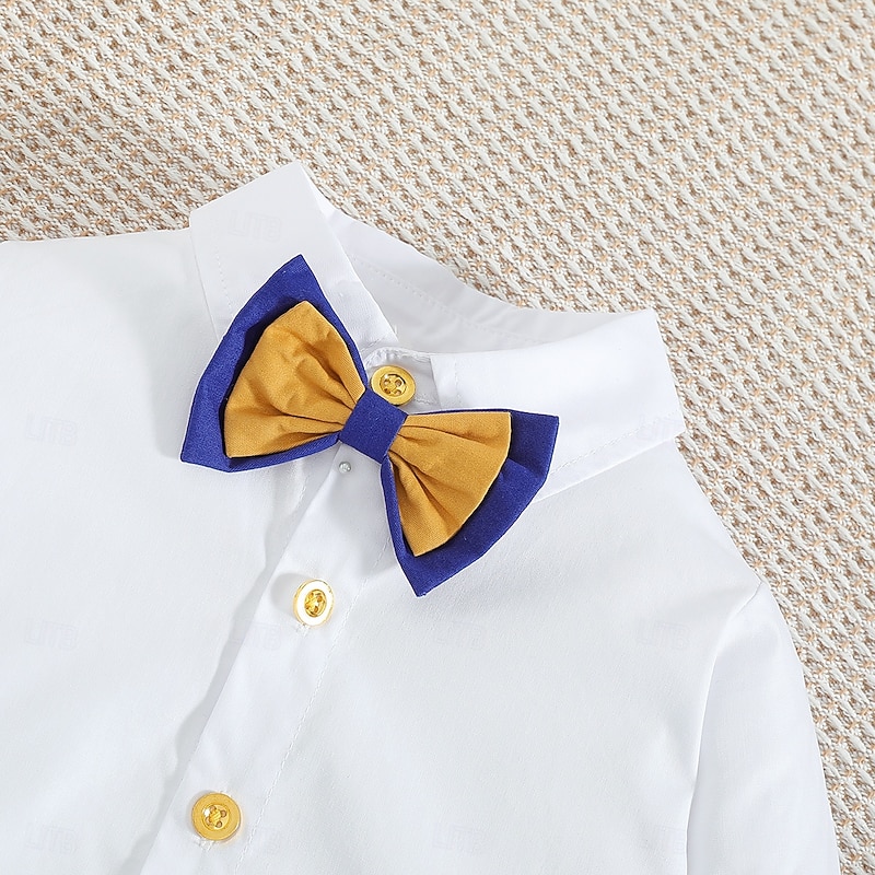 Boys 3D Solid Color Bow tie Shirt & Pants Long Sleeve Fall Casual Toddler 1-5 Years V Neck3