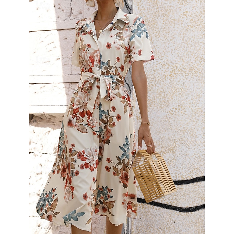 Women's Midi Dress Casual Dress Elegant Stylish Casual Vacation Daily Regular Fit Floral Short Sleeve Shirt Collar Apricot Light Blue Summer Spring