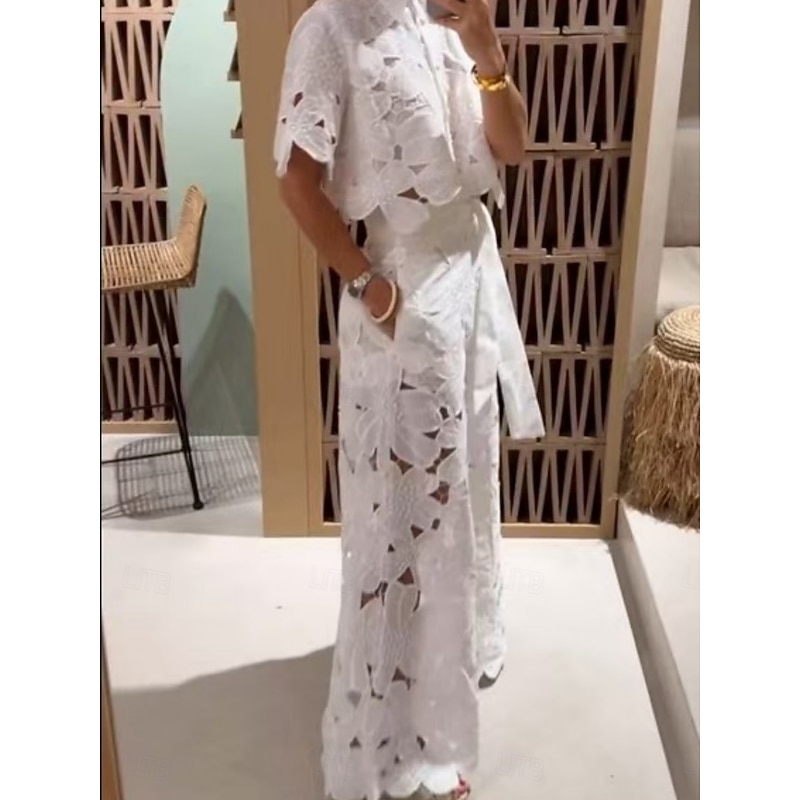 Women's Fashion Streetwear Daily Lace Shirt Wide Leg Pants Short Sleeve Shirt Collar Plain Lace Casual Daily Yellow Sky Blue Green Summer Regular Fit4